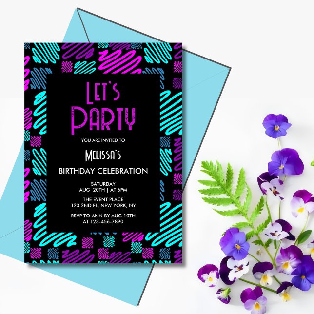 Invitación Brillante Neon Geometric Pattern Black Birday Part (Subido por el creador)