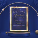 Invitación brillante oro azul de la fiesta de cump<br><div class="desc">Una moderna y moderna tarjeta de invitación de cumpleaños número 50 (o cualquier edad) para hombres, hombres y hombres. Un fondo azul oscuro, azul marino. El color azul es desigual. Con un marco de oro falso y un confetti dorado rociado, letras de colores dorados. Plantillas para la información de su...</div>