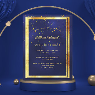 Invitación brillante oro azul de la fiesta de cump