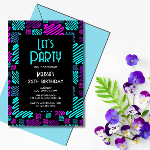 Invitación Brillante patrón geométrico neón negro 25 cumpleañ