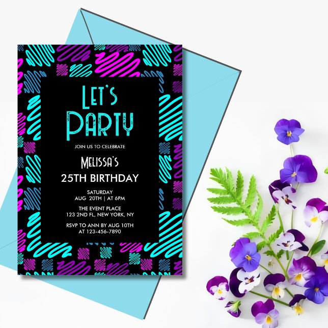Invitación Brillante patrón geométrico neón negro 25 cumpleañ (Subido por el creador)