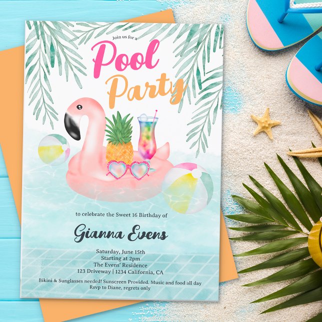 Invitación Brillante piscina tropical fiesta flamingo rosa Sw (Subido por el creador)