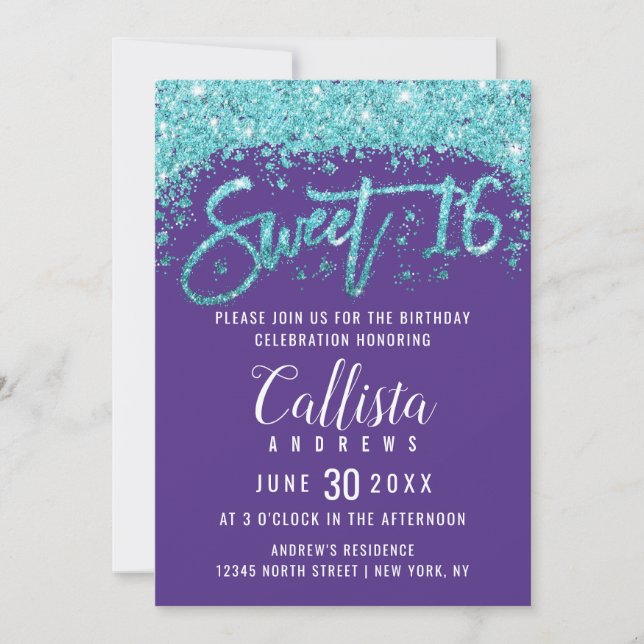 Invitación Brillante Purpurina azul de Aqua morado dulce 16 (Anverso)