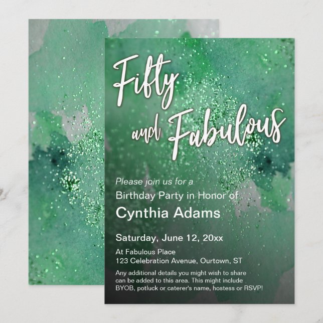 Invitación Brillante Purpurina de acuarela verde 50 y fabulos (Anverso / Reverso)