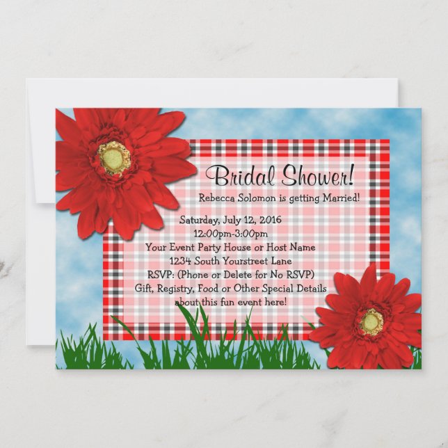 Invitación Brillante Red Gerbera Daisies Verano Ducha de Novi (Anverso)