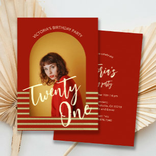 Invitación Brillante Red y Oro Foto 21ª Fiesta de cumpleaños