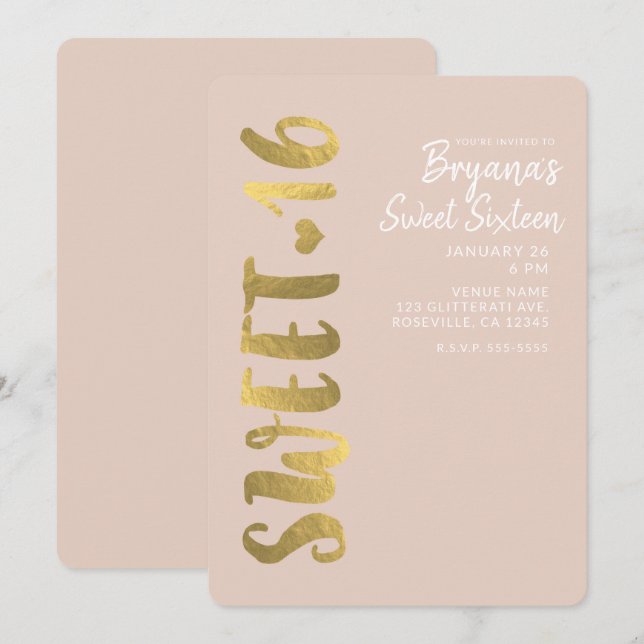 Invitación Brillante Relieve metalizado dorado Faux Beige Swe (Anverso / Reverso)