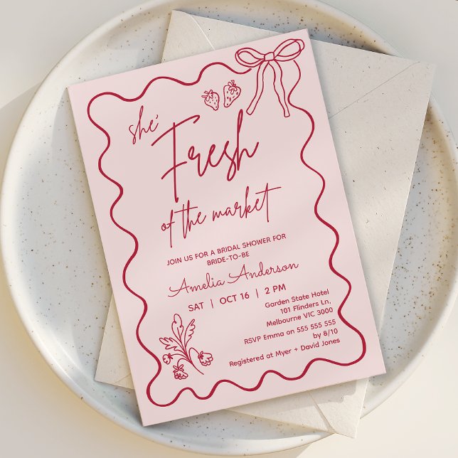 Invitación Brillante Rojo Fresco Del Mercado Ducha De Novias (Fresh off the Market Bridal Shower Invitation, Whimsical Market Farmers Bridal Shower Invitation )