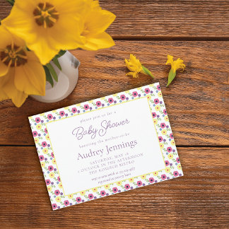 Invitación Brillante Rosa Amarillo Morado Flor Bebé Chica Duc