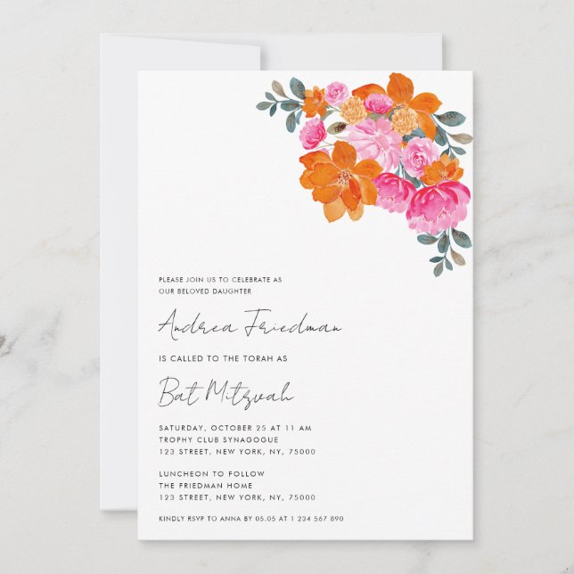 Invitación Brillante Rosa Naranja Floral Vibrante Bat Mitzvah (Anverso)