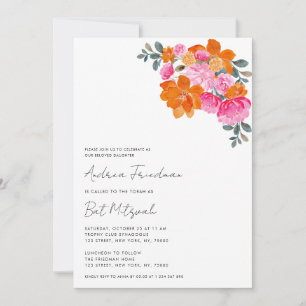 Invitación Brillante Rosa Naranja Floral Vibrante Bat Mitzvah