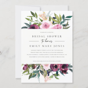 INVITACIÓN BRILLANTE RUBOR BURGUNDY FLORAL BUNCH BRIDAL DUCHA