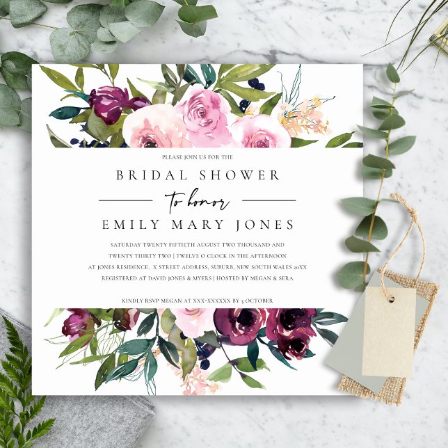 INVITACIÓN BRILLANTE RUBOR BURGUNDY FLORAL BUNCH BRIDAL DUCHA (Subido por el creador)