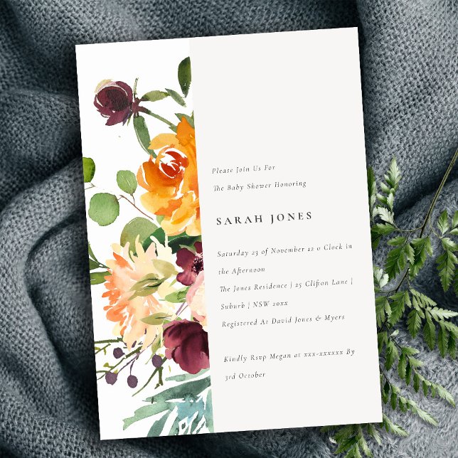 Invitación Brillante Rubor Naranja amarillo Floral Baby Showe (Subido por el creador)