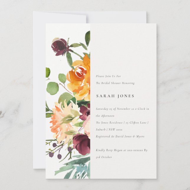 Invitación Brillante Rubor Naranja amarillo Floral Bridal Sho (Anverso)