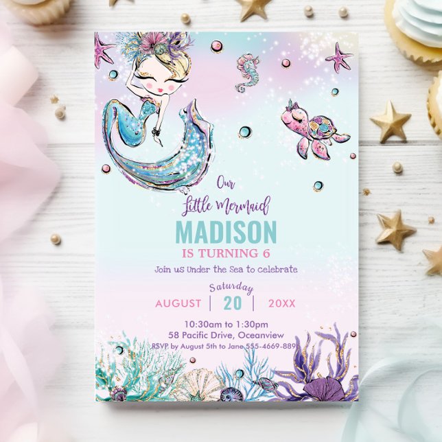 Invitación Brillante Sirenita bajo el mar Cumpleaños (whimsical blonde mermaid under the sea pool birthday party invitation cards printed digital file)