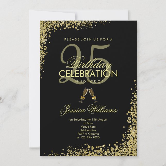 Invitación Brillante "tostada de champán" negro y dorado cump (Anverso)