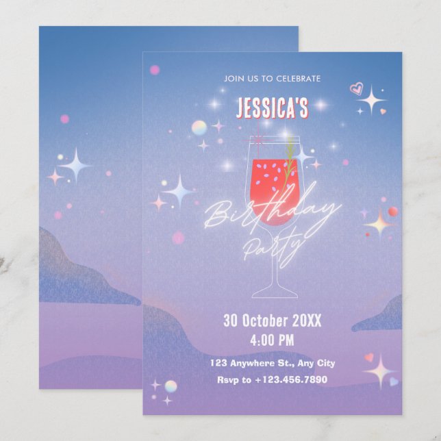 Invitación Brillante vaso de cóctel cumpleaños (Anverso / Reverso)