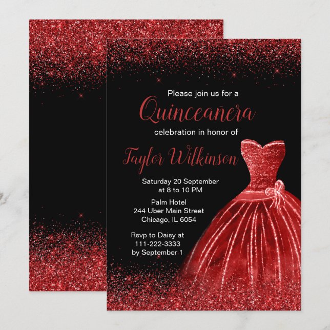Invitación Brillante Vestido Rojo Faux Purpurina Quinceanera (Anverso / Reverso)