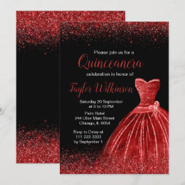 Invitación Brillante Vestido Rojo Faux Purpurina Quinceanera