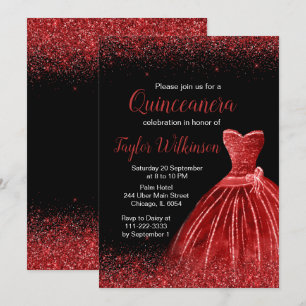 Invitación Brillante Vestido Rojo Faux Purpurina Quinceanera
