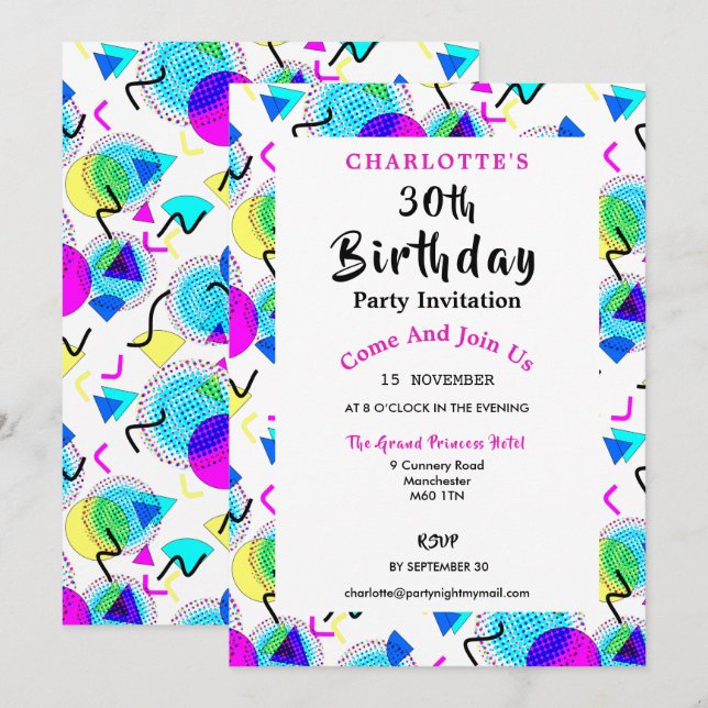 Invitación Brillante y colorida fiesta de cumpleaños (Anverso / Reverso)