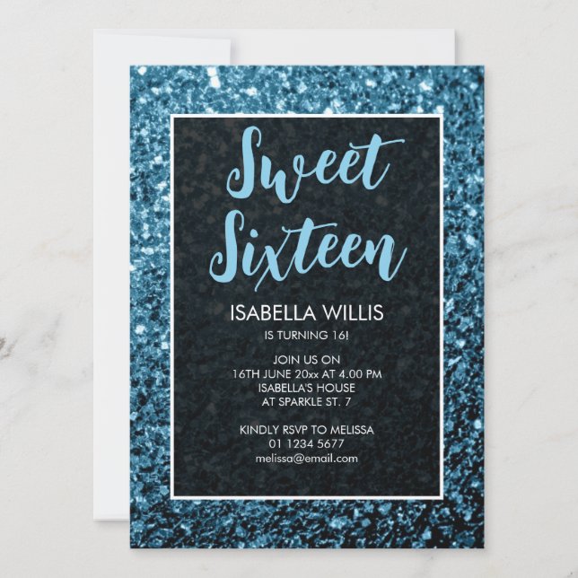 Invitación Brillantes azules dulces 16 guiones elegantes (Anverso)