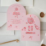 Invitación brillantes bebidas de cumpleaños de arco dibujado<br><div class="desc">Bebidas de cumpleaños menudos rosadas y rojas dibujadas a mano editables cóctel bola de baile fiesta de coqueta de arco de bola invitan.</div>