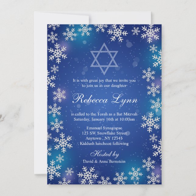 Invitación Brillantes de nieve Blue Winter Bat Mitzvah (Anverso)
