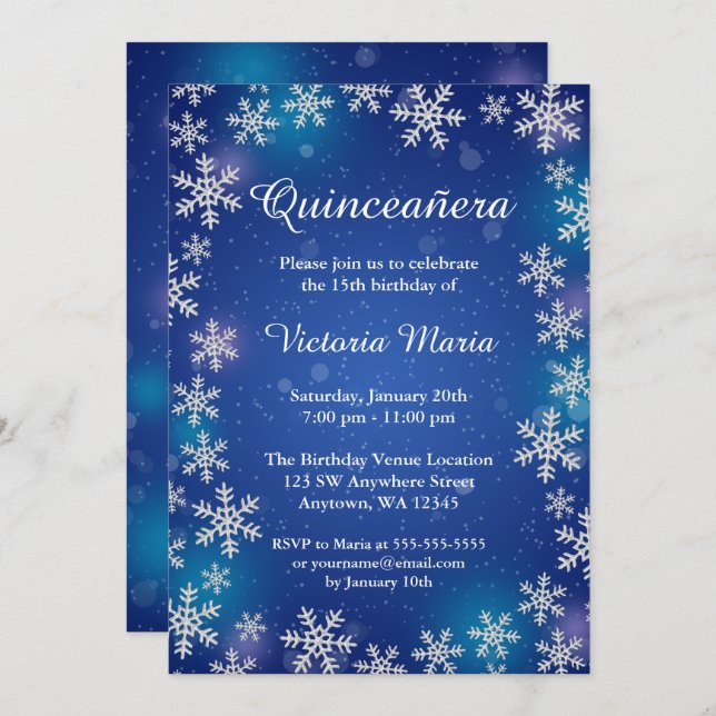 Invitación Brillantes de nieve Blue Winter Quinceanera invita (Anverso / Reverso)