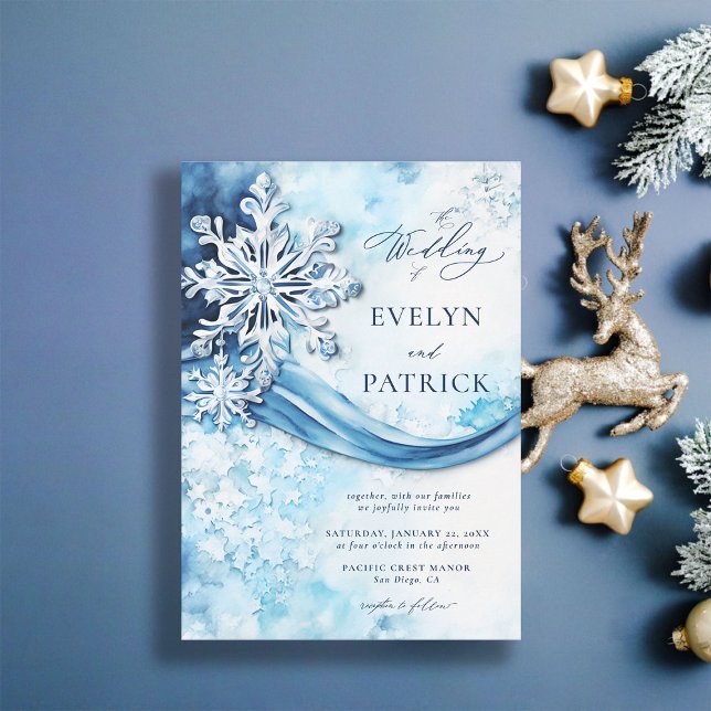 Invitación Brillantes de nieve de la elegante y moderna boda  (winter wedding invitation elegant white frozen snow blue white silver modern classic christmas)