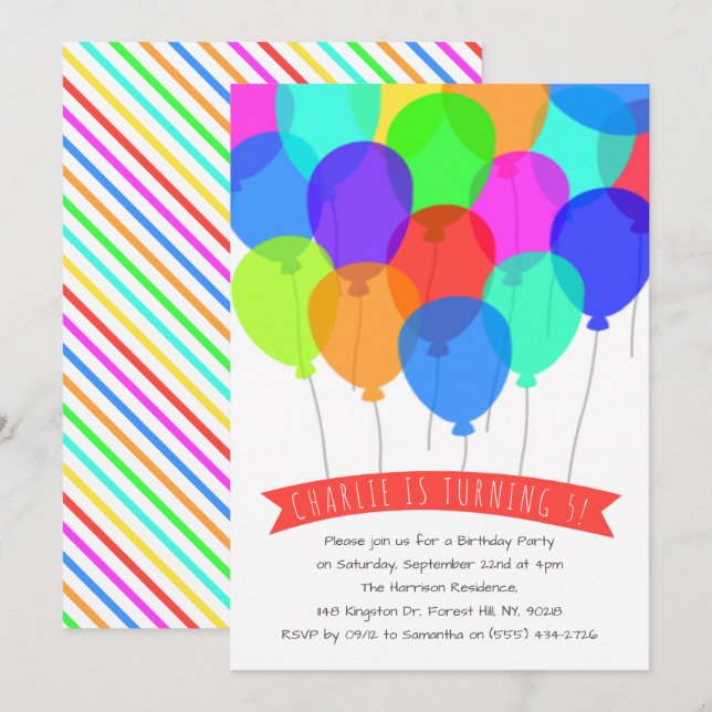 Invitación Brillantes Globos Coloridos Cualquier Cumpleaños d (Anverso / Reverso)
