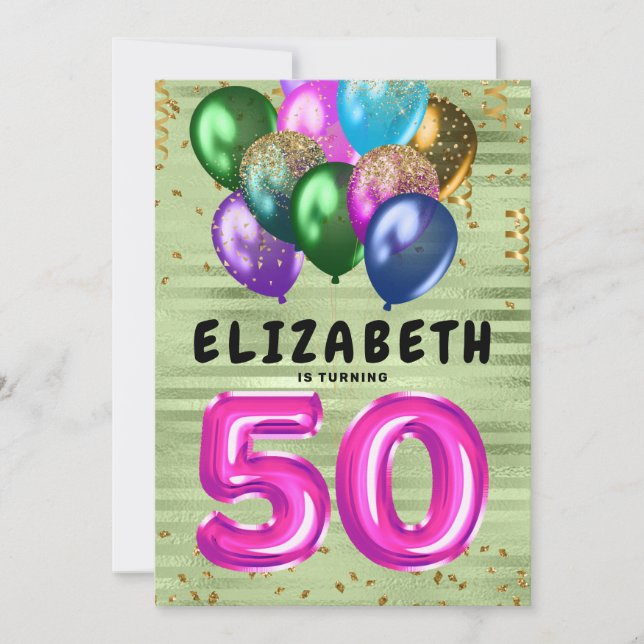 Invitación Brillantes Purpurinas Coloridos Globos 50 cumpleañ (Anverso)