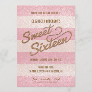 Invitación Brillantes rayas negras rosas dulces Dieciséis Fie
