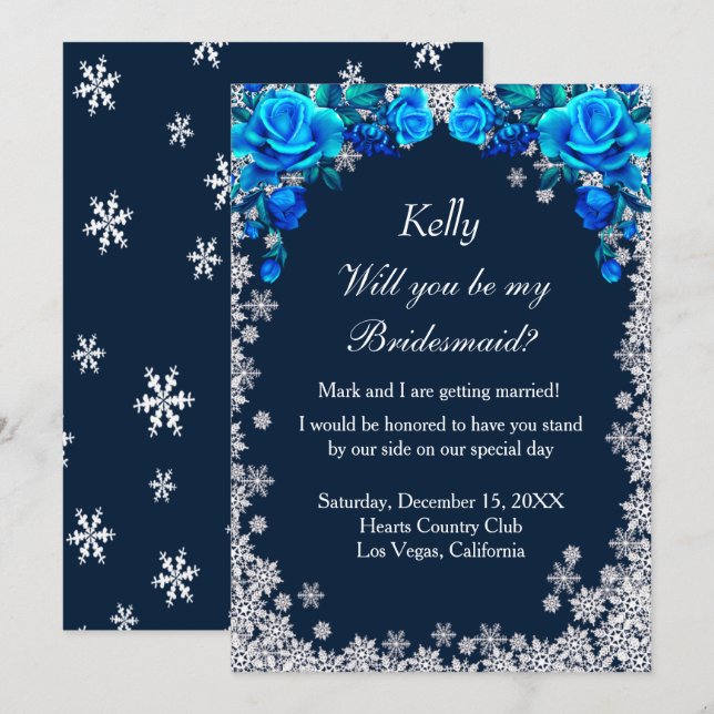 Invitación Brillantes Rosas Azules Navidades de copas de niev (Anverso / Reverso)