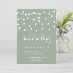 Invitación Brillantes String Luces Sage Green Sweet 16 Fiesta