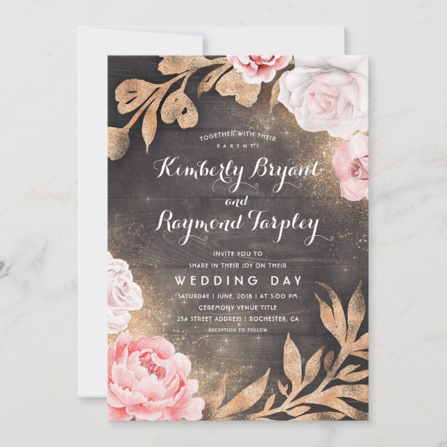 Invitación Brillantina dorada | Boda floral rústico (Anverso)