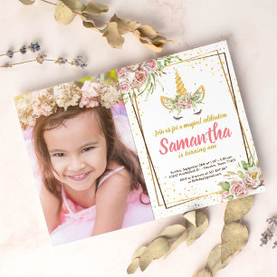 Invitación Brillantina dorada   Floral Unicorn Horn Birday Ph