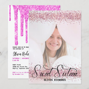 Invitación Brillantina rosa fuerte Dulce Dieciséis