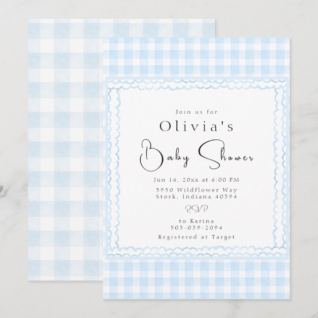 Invitación Brilliant Blue Gingham Baby Shower (Anverso / Reverso)