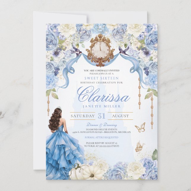Invitación Brillo Azul Real Princesa Dulce Dieciséis Cumpleañ (Anverso)