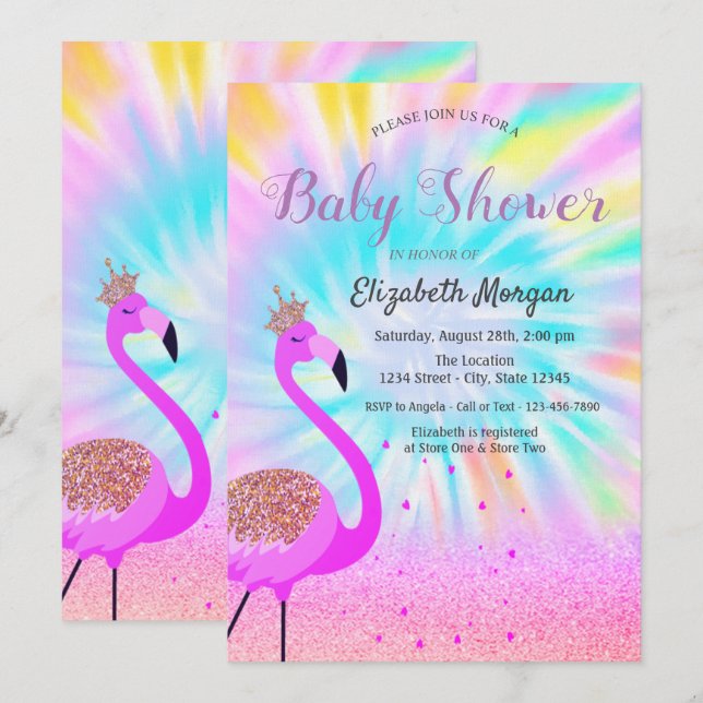 Invitación Brillo Bokeh, Flamenco, Ombre Tie Dye (Anverso / Reverso)