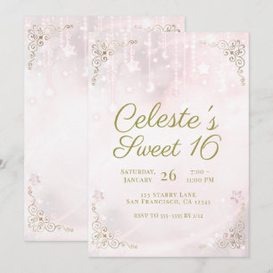 Invitación Brillo Celestial Rosa y Dorado Fiesta Sweet 16