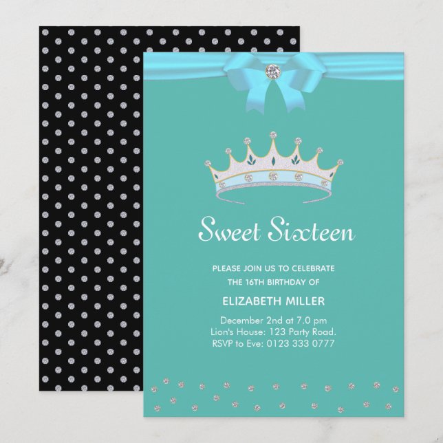 Invitación Brillo Chic Diamante Dulces Dieciséis sobre Turque (Anverso / Reverso)