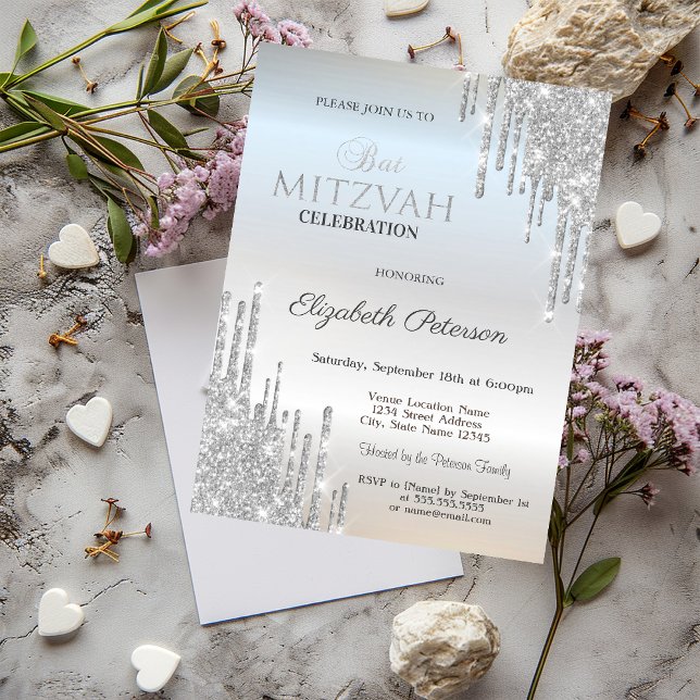 Invitación Brillo Chic Goteos Plata Bat Mitzvah (Subido por el creador)