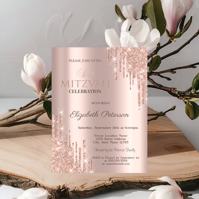 Invitación Brillo Chic Goteos Rosa Dorado Bat Mitzvah (Subido por el creador)