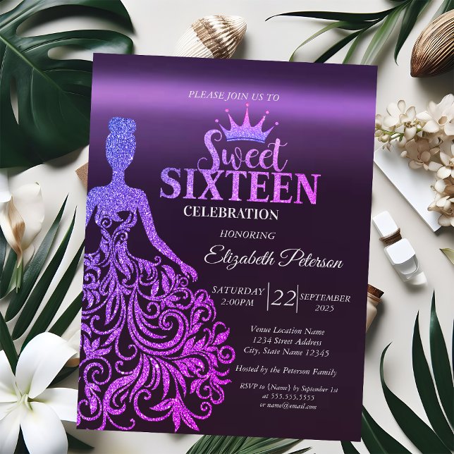Invitación Brillo Cool Bokeh, Vestido, Tiara, Dulces 16 Morad (Subido por el creador)