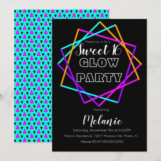 Invitación Brillo De 16 Neones En El Láser Múltiple Oscuro (Anverso / Reverso)