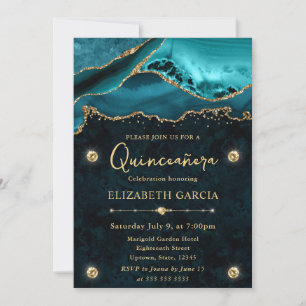 Invitación Brillo de Azul Turquesa y Dorado Elegante Quinceañ