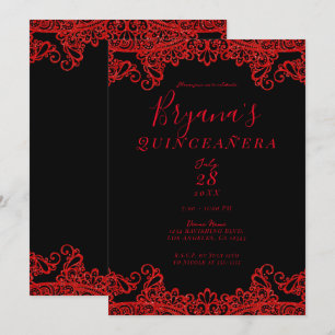 Invitación Brillo de Chispa Roja Encaje Negro Quinceañera